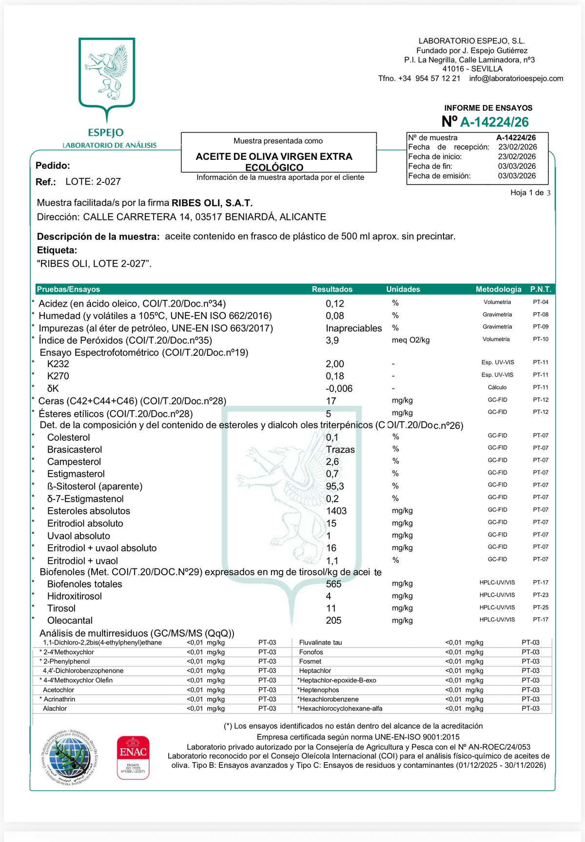 Beniqueis Ekologiczna Oliwa z oliwek Extra Virgin